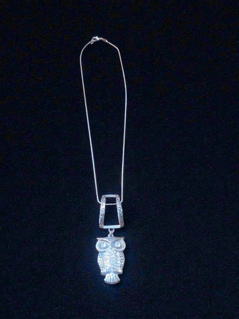 Silver Owl Pendant Necklace - Sparkling Rhinestone Eyes - Picture 2 of 2